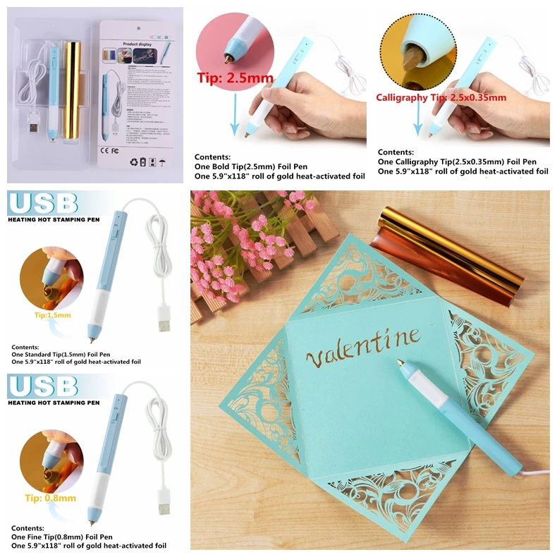 Various Tip Heat Foil Lettering Pen Heat-resistant Grip USB Powered For Handwritten Sentiments Paper Card With Hot Stamping Foil