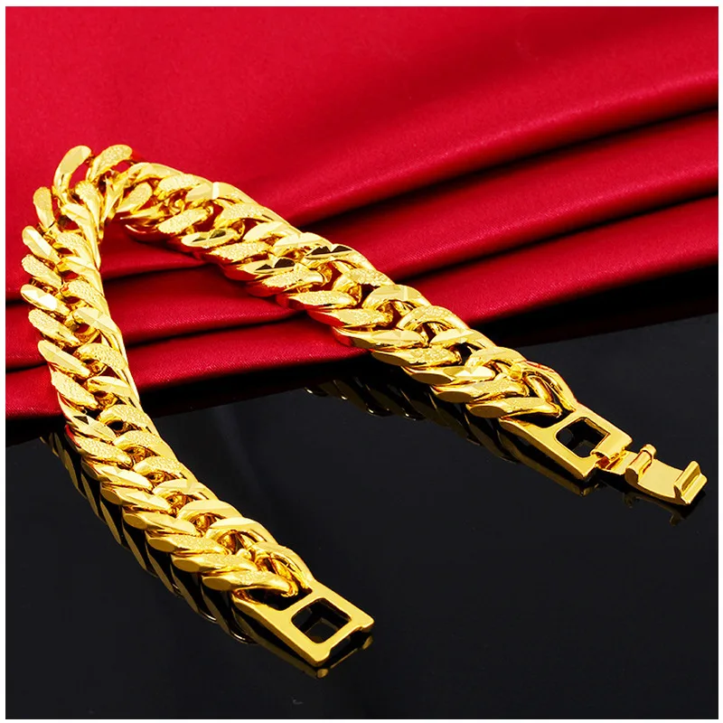 12MM 24K Pure Gold Color Bracelets for Men Women Chain Bracelet Bangles Wristband Pulseira Homme African Gold Jewelry Man Bijoux