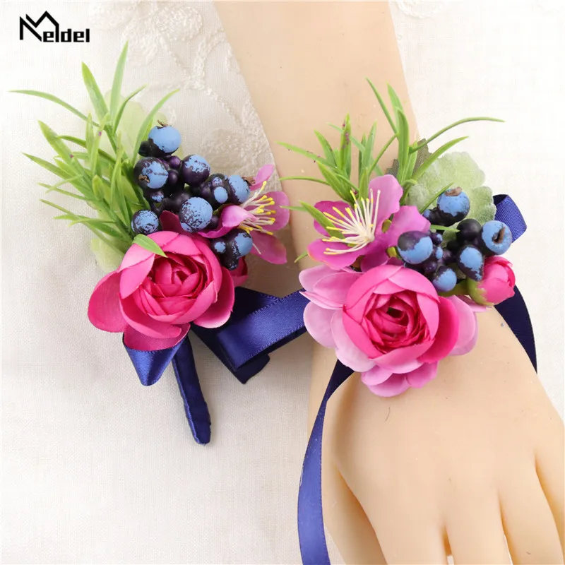 Meldel-rosas de seda para novio, Boutonniere, traje de hombre, Pin, ramillete, pulsera de muñeca para damas de honor, boda, flores artificiales, decoración de fiesta