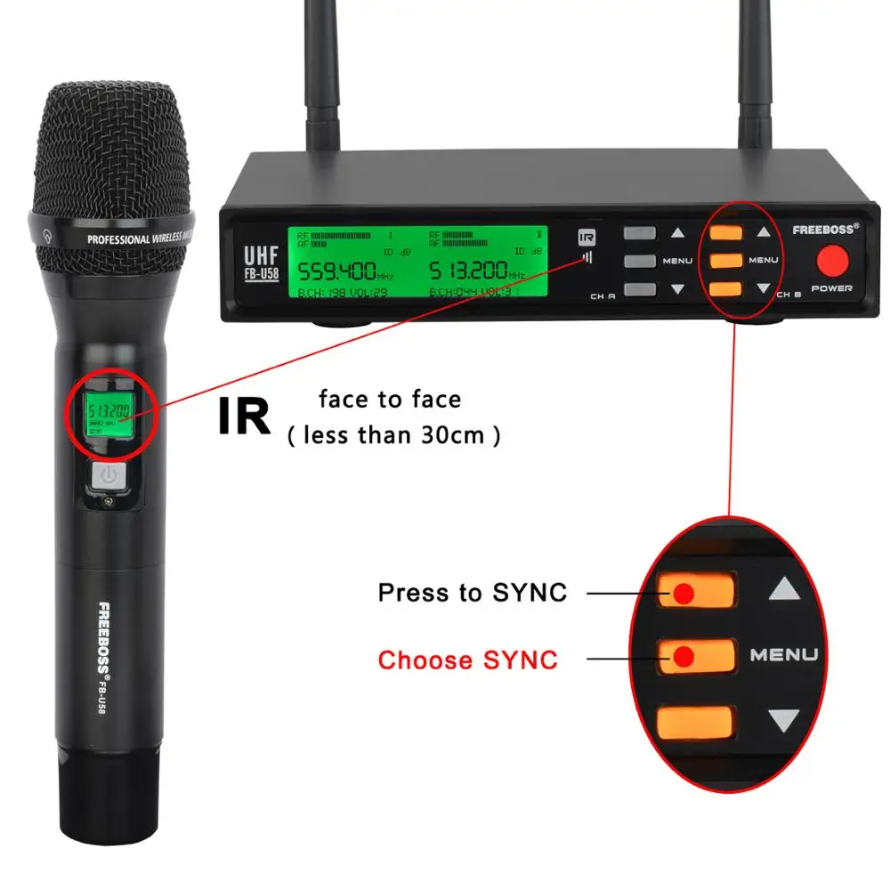 Freeboss FB-U58 UHF 2*200 Adjustable Frequency Metal handheld LCD Screen Smart Option ECHO and EQ effec Microphone System for DJ