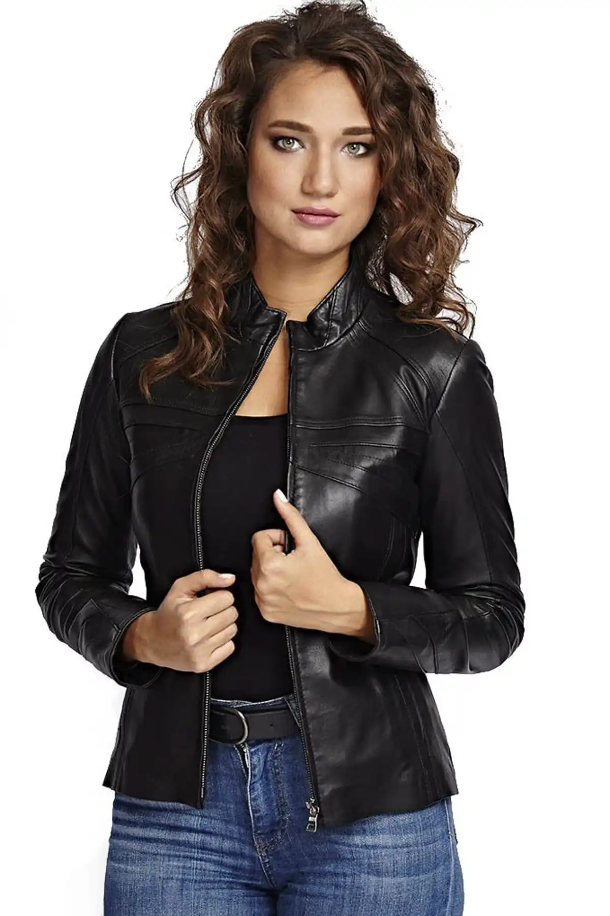 Genuine Sheepskin Black Biker Jacket, High Street Fashion For Women, Autumn And Spring Fashion Clothing