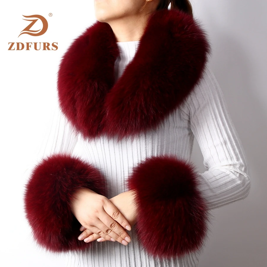 ZDFURS* 2019 New Arrival Real Fox Fur / Raccoon Fur Collar Cuffs Women Winter Fashion fur collar and cuff one set