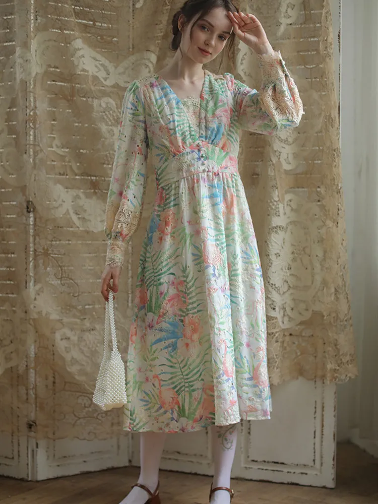 Spring2020 Women Vintage Elegant Slim Midi Mori Girl Sweet Floral Print Lace Hollow Out Embroidery Cotton Long Dress