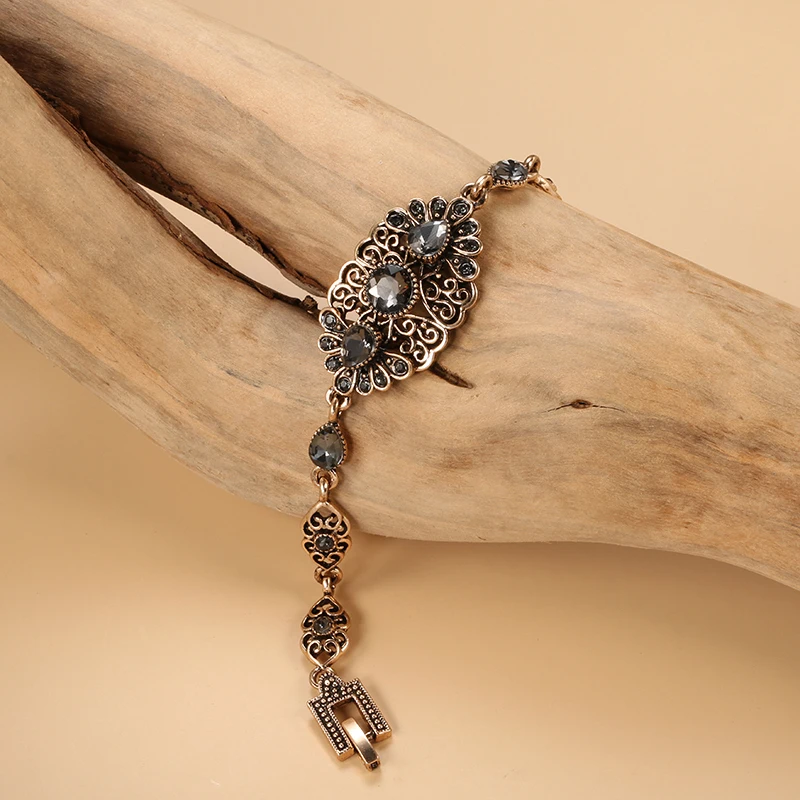 Kinel Charm Gray Crystal Boho Women Bracelet Antique Gold Color Ethnic Bridal Wedding Vintage Jewelry Russia Accessories