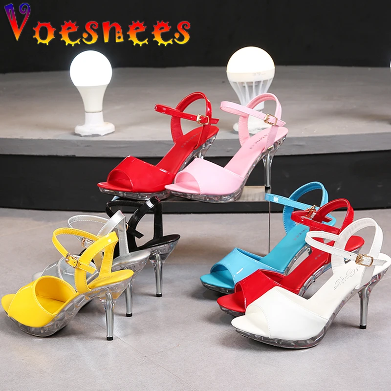 Summer Candy Color Patent Leather Sandals Buckle Straps  Platform Peep Toe Thin Women Shoes Crystal Heel 10cn High Sexy Heels