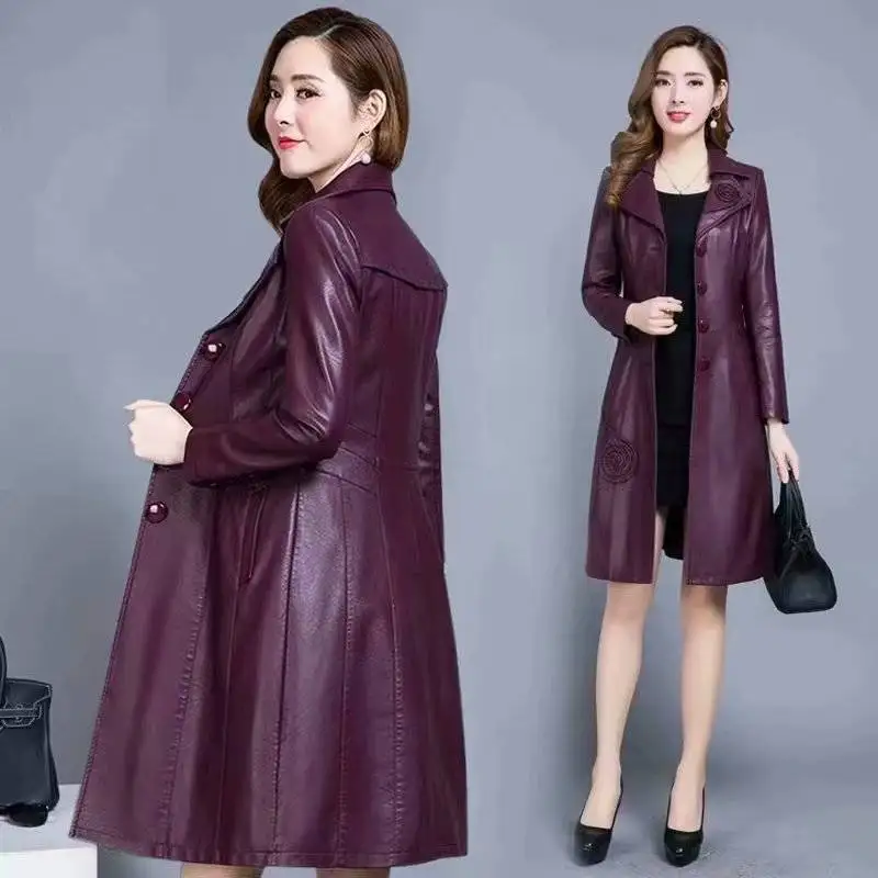 Latest Coat Designs for Women Long Coat Lady Frock Model PU Leather Coat Garment