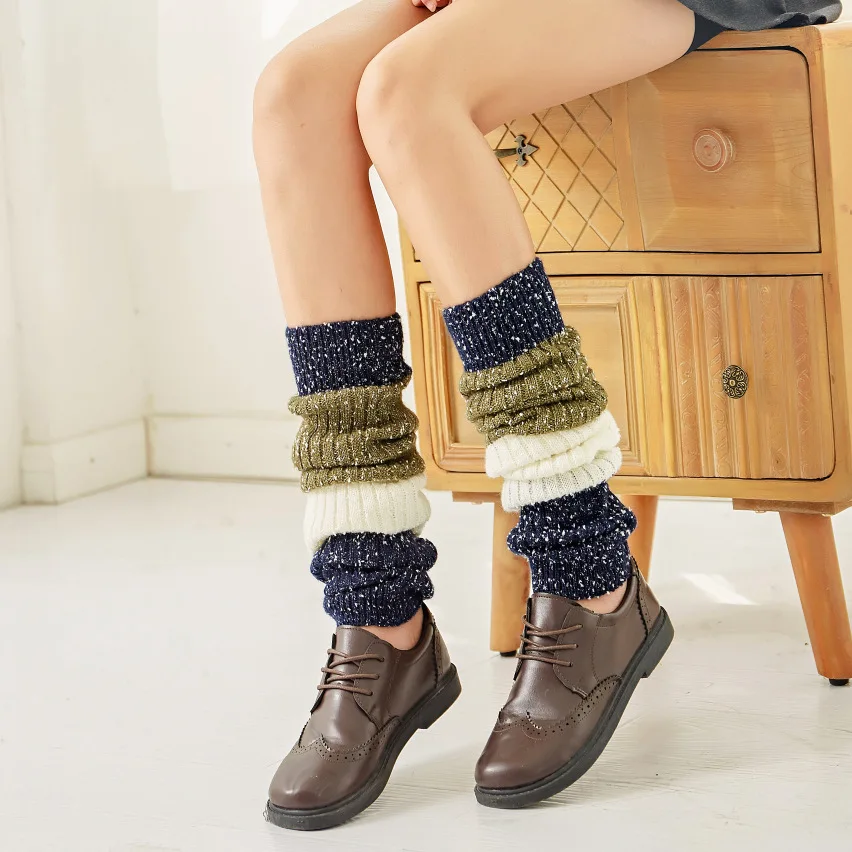 Women Dotted Yarn Color Block Patchwork Thickened Leg Warmer Knee Socks Leg Protection Warm Wool Boot Covers