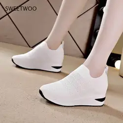 Vulcanized Women Rubber Sole Shoes Height Increasing Knit Sneakers Autumn Breathable Women Shoes Ladies Footwear