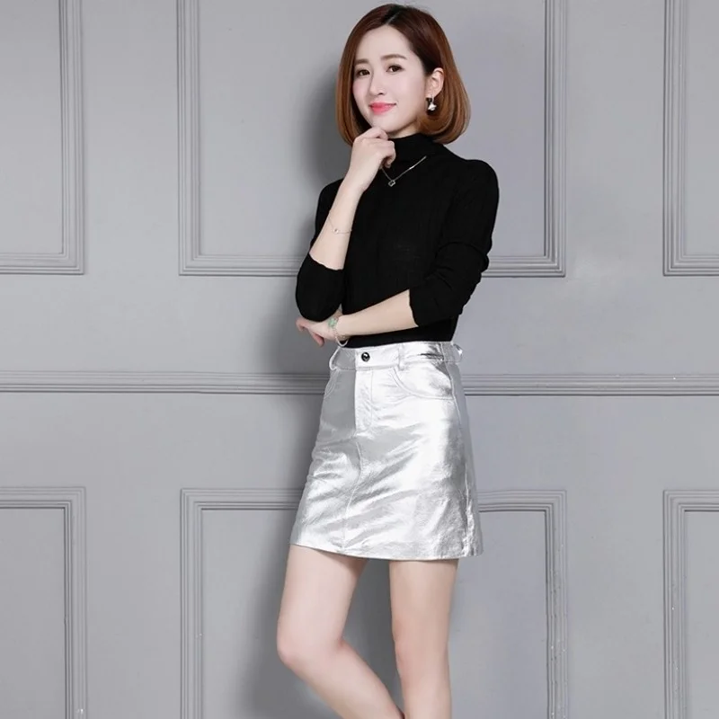 Fashion New Ladies Shiny Patent Leather A Line Sexy Mini Skirt Ladies Bodycon Wrap Office Work Genuine Leather High Waist Skirts