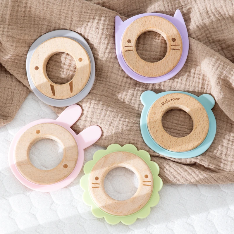 Kawaii Animals Silicone Teether Baby Toys Gift Beech Wooden Ring Hand Teething Nursing Pendant Childen\'s Goods New Fidget Toys