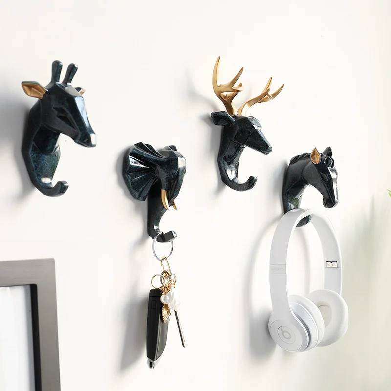 Resin Animals Head Sticker Hook Wall decorative clothes Hanger for Door Kitchen Bag Handbag Coat Hooks Key Holder Wall Decor