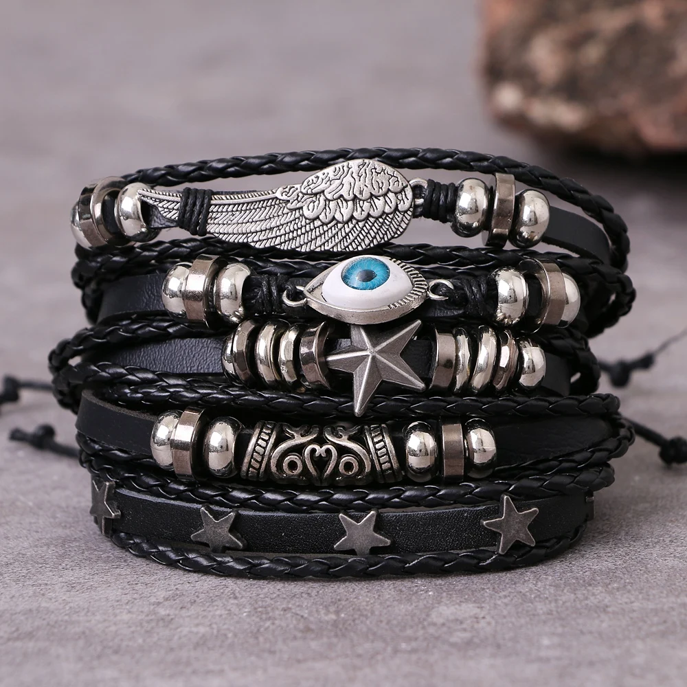 DAXI Punk Multilayer Leather Bracelet Set Eye Wings Star Charms Beads Bracelets For Man Party Gothic Jewelry Punk Wrap Wristband