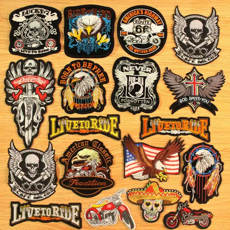 Heart Skull Iron On Patches For Clothing Apparel Tiger Embroidered Patches On Clothes Motorcycle Biker Stripes Wolf Badges Patch