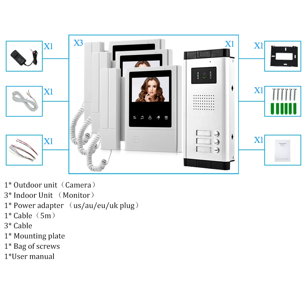 OBO Hands 4.3 inch Video Doorbell System Intercom Door Phone Monitor with Night Vision Camera for Multi Apartments 2/3/4/5/6/8