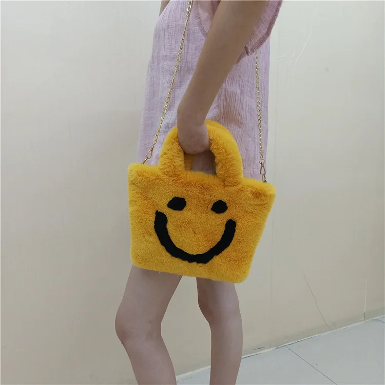 Cute Smiley Face Women Plush Shoulder Bag Soft Faux Fur Ladies Chain Messenger Bags Fashion Female Small Purse Handbags Bolsas가방