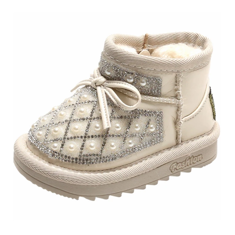 12-18cm Twinkle Rhinestone Little Princess Snow Boots,Cute Bowtie-knot Pearls Kids Warm Winter Shoes,Toddler Plush Ankle Boots