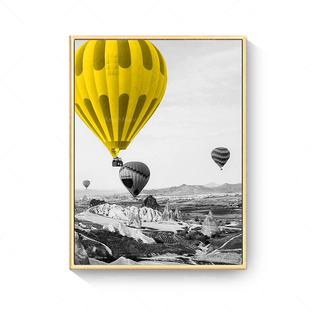 قماش بالون الهواء الساخن، طباعة صفراء، باريس، طباعة المناظر الطبيعية، ملصق الطبيعة الاسكندنافية، ديكور الشمال