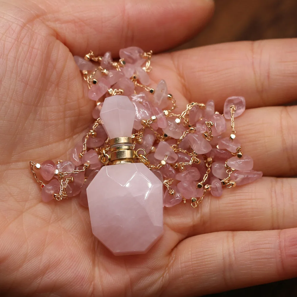 Natural Stone Perfume Bottle Necklace Pink Quartz Pendant Charms For Elegant Women Love Romantic Gift 60 CM