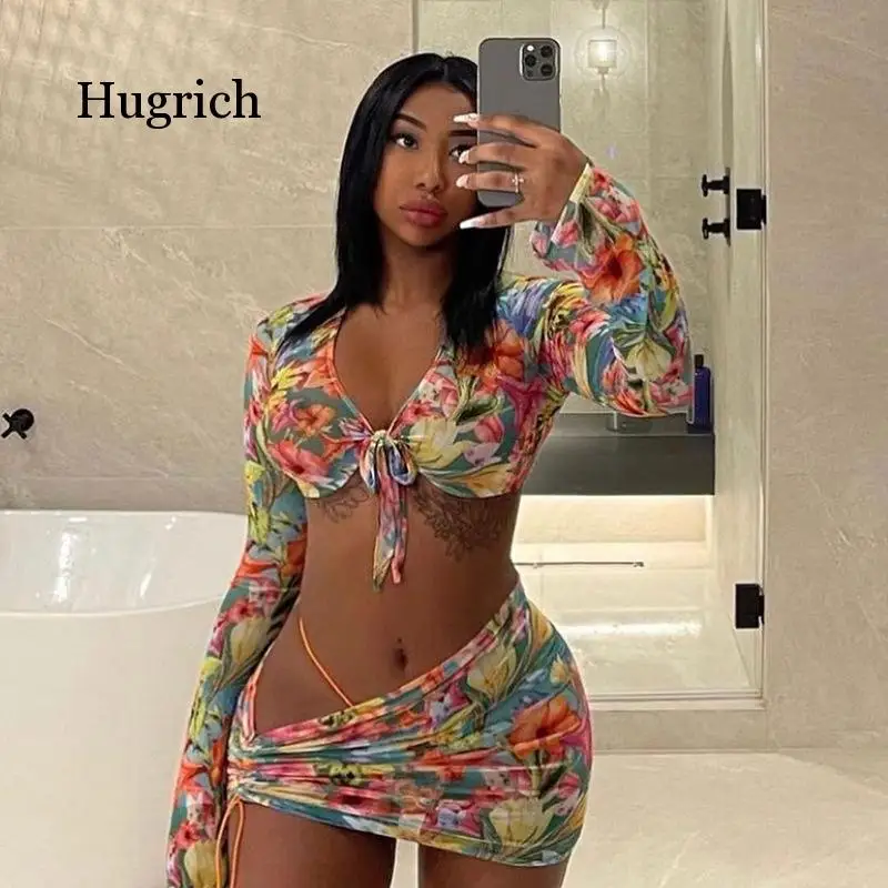 

Women's 2021 Spring and Summer New Floral Print Open Navel Long Sleeve Irregular Drawstring Short Skirt Beach Suit