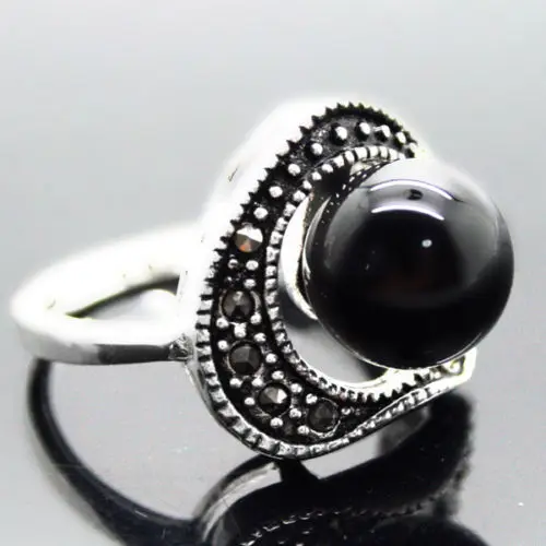 

Natural 8mm Black Agates Beads Tibetan Silver Marcasite Ring Size 7/8/9/10