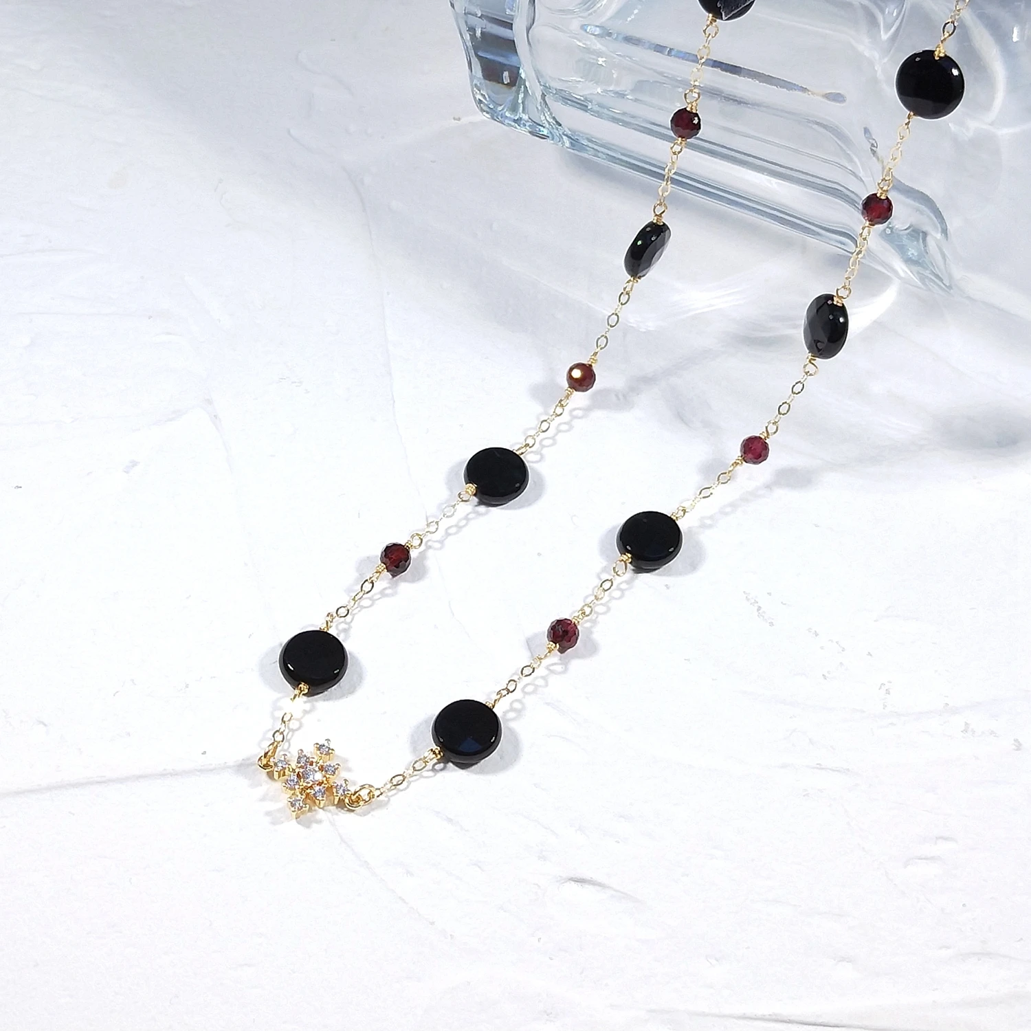 Lii Ji American 14K Gold Filled Choker Chain Black Agate/Onyx Red Garnet Zircon Snowflake Handmade Necklace 36cm+5cm