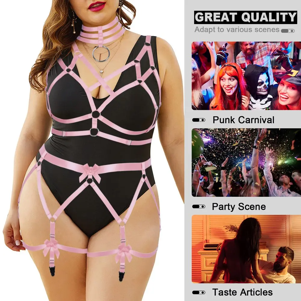 

Pink Bow Cage Bra Full Body Harness For Plump Sexy Lingerie Women Plus Size Waist Suspender Belt Gothic Clothes Thigh Bands