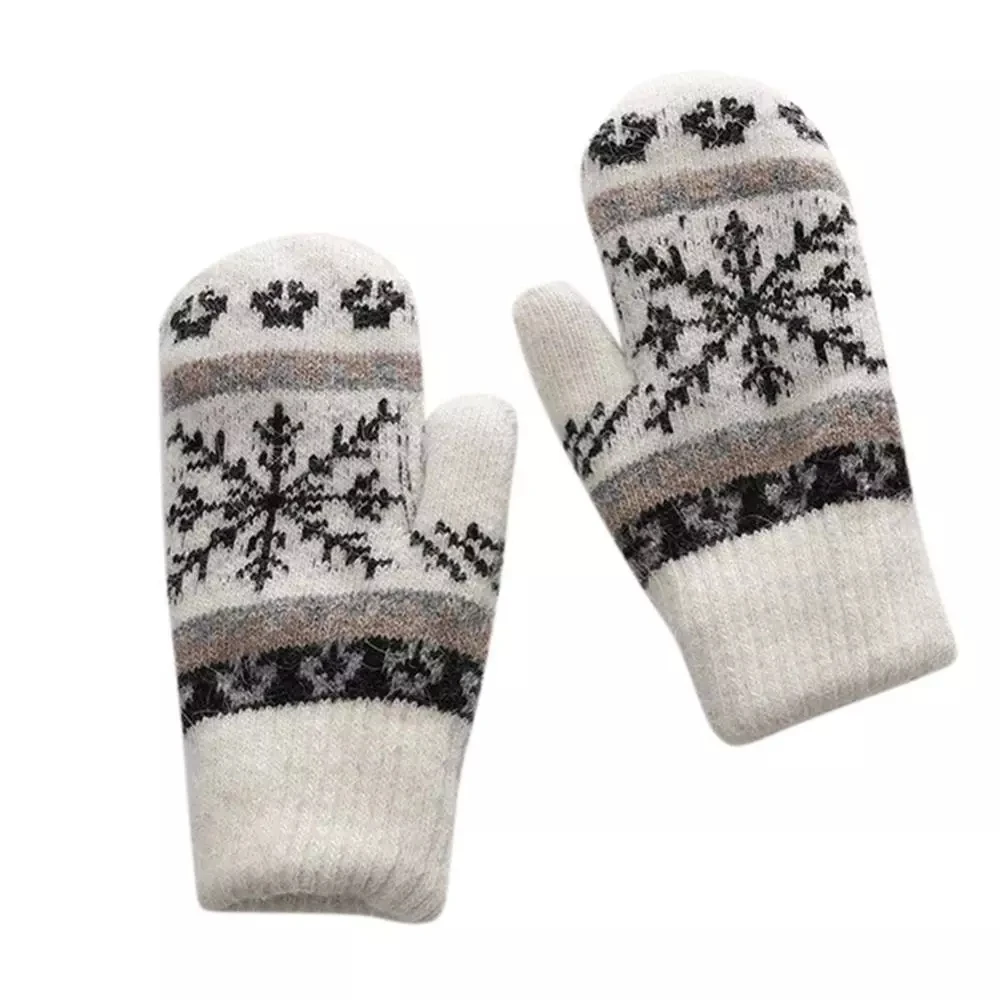 Korean Christmas Snowflake Pattern Woolen Knit Warm Mittens Winter Female Plus Velvet Thick Elastic Windproof Driving Glove H52