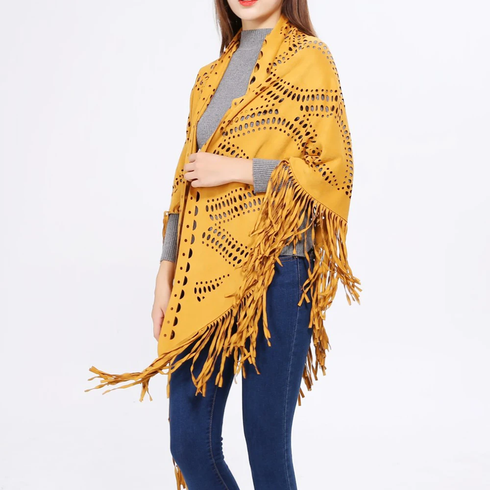 2024 Fashion Summer Hollow Women\'s Cape Shawl Open Poncho Elegant Suede Tassel Retro Simple Wrap Dropshipping