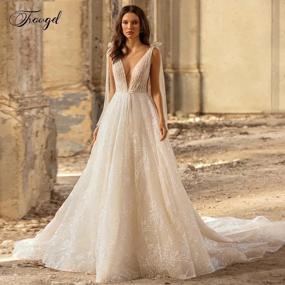 Traugel A-Line Beach Wedding Dresses V-Neck Bow Sleeveless Ribbon Vestido De Novia Shiny Lace Beaded Boho Robe De Mariee