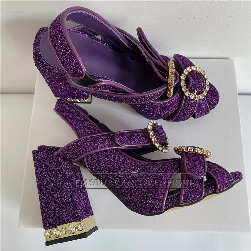 Round Crystal Buckle Gladiator Sandals Women Sexy Peep Toe Rhinestone High Heel Luxury Velvet Chic Summer Shoes Woman