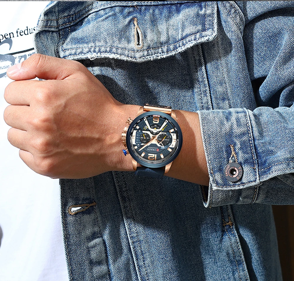 CURREN Neue männer Casual Sport Chronograph Blau Top Marke Luxus Military Leder Uhr Kalender Uhr Relogio Masculino – Detail 11