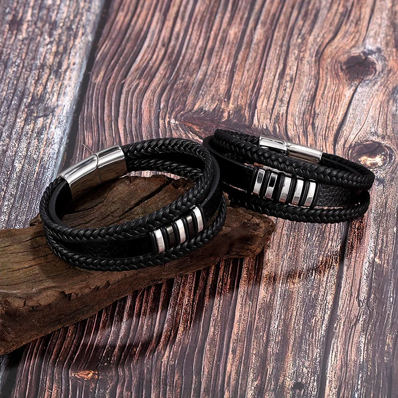 European And American Popular Stainless Steel Leather Bracelet Men\'s Multilayer Woven Leather Bracelet