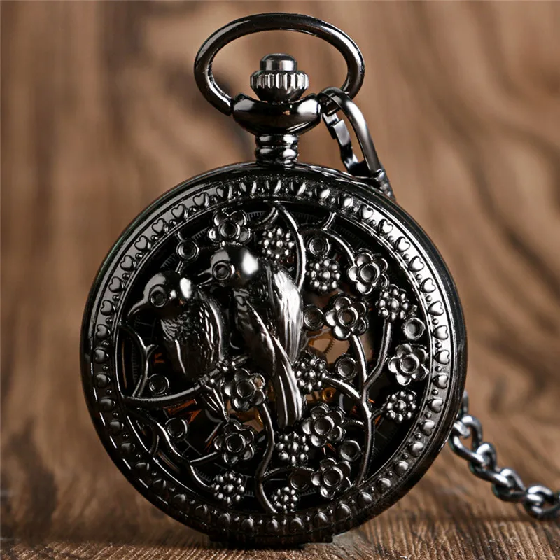 Antique Pocket Watch Hollow Out Bird Case Unisex Handwinding Mechanical Watches Men Women Black Clock Pendant Chain