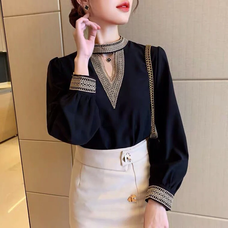 Vintage Embroidery Satin Blouse Women Sexy V neck Office Ladies Shirts Casual Long sleeve Spring Autumn Party Tops Mujer