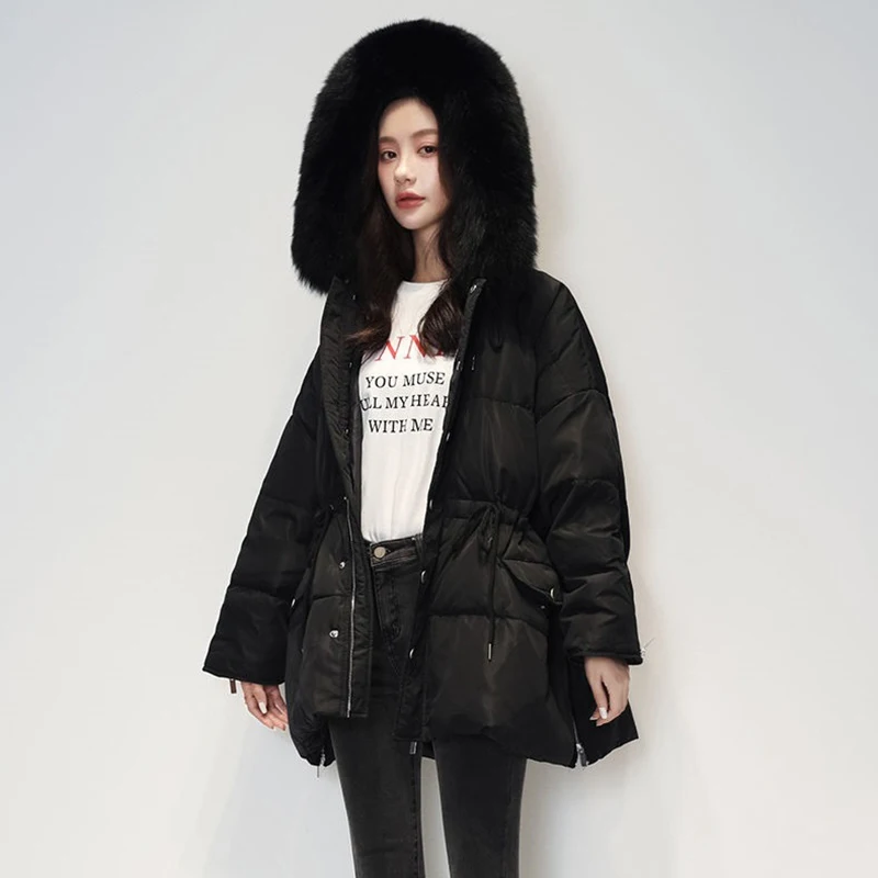 Korean Fashion Down Coat Parka Women Long Warm Winter Jackets Fox Fur Collar Hooded Down Coats Womens Candy Colors Down Outwear