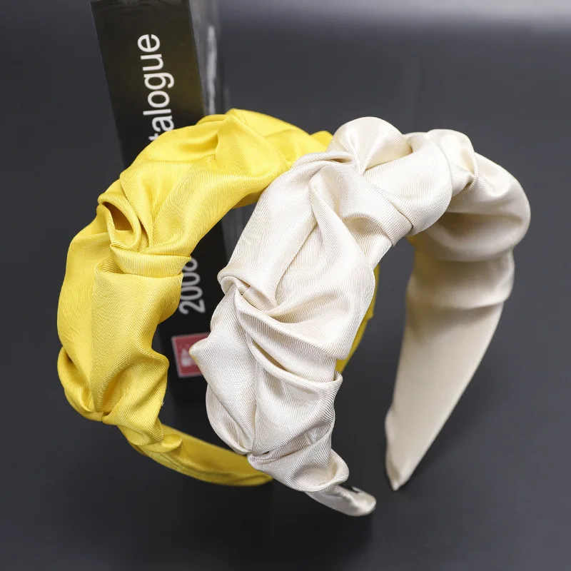 女性用のしわのあるヘッドバンド,ヘアアクセサリー,無地,キャンディーカラー,つばの広い結び目,洗顔用,女の子用ヘッドバンド