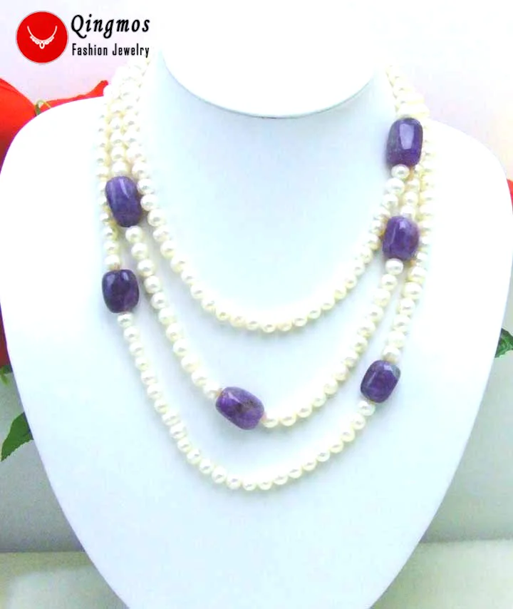 

Qingmos Natural White Pearl Necklace for Women with 6mm Round Freshwater Pearl and Baroque Amethysts Necklace 60" Long Necklace