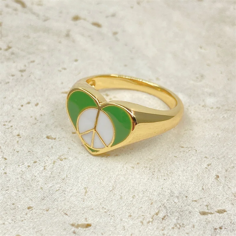 Enamel green heart Peace rings for women y2k jewelry kawaii airplane cute rings for teenage girls 2000s aesthetic accessories