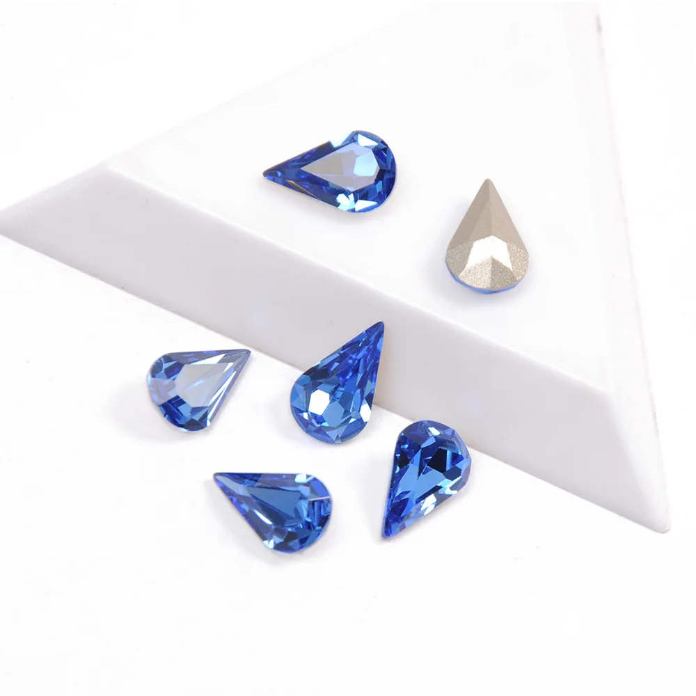 

High Quality Nails Rhinestone Sapphire Pear Shaped Blue Color Point Back Crystal Glass Rhinestones For Nails 3D Nail Art Gems