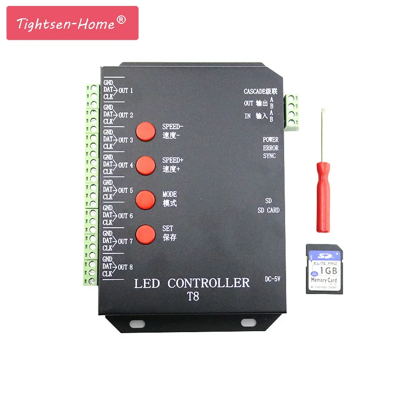 Kontroler LED RGB T8 karty SD regulator pikseli 8CH dla WS2801 WS2812B WS2811 LPD6803 taśmy LED RGB Program kontroler DC5-12V