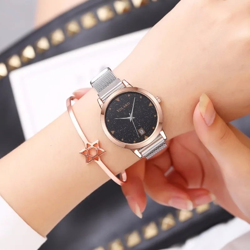 Women Magnet Buckle Starry Sky Watch With Calendar Luxury Ladies Stainless Steel Quartz Watch Clock Relogio Feminino