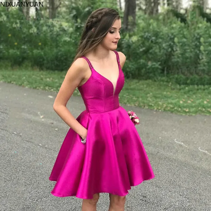 Satin Kurze Prom Kleid Perlen Spaghetti mit Taschen Mädchen Graduation Party Kleid Plus Größe Gala Homecoming Kleid