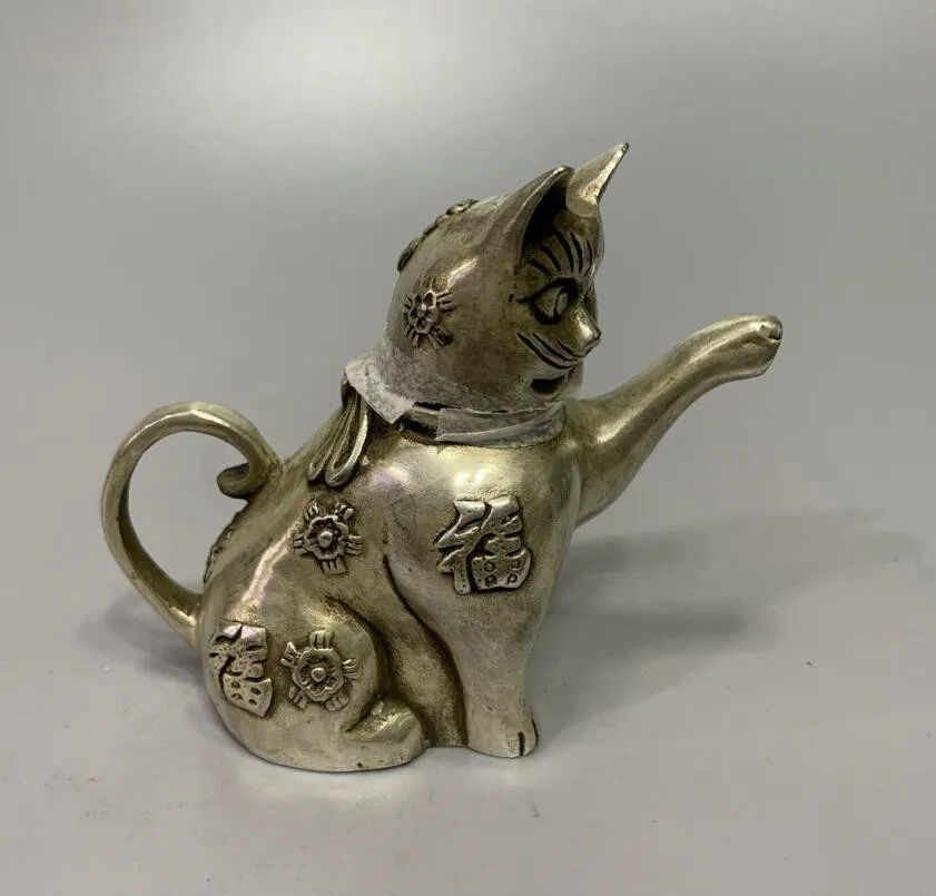 Archaize White copper blessing cat teapot household decoration crafts statue