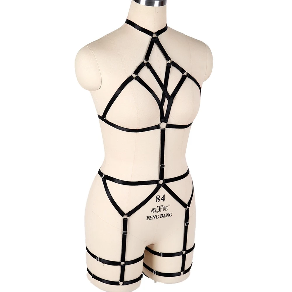 Full Body Harness Bondage คอชุดชั้นในเซ็กซี่ Punk Goth Bodysuit Hollow Bra เร้าอารมณ์ถุงน่องสายรัด Harajuku ยืดหยุ่น