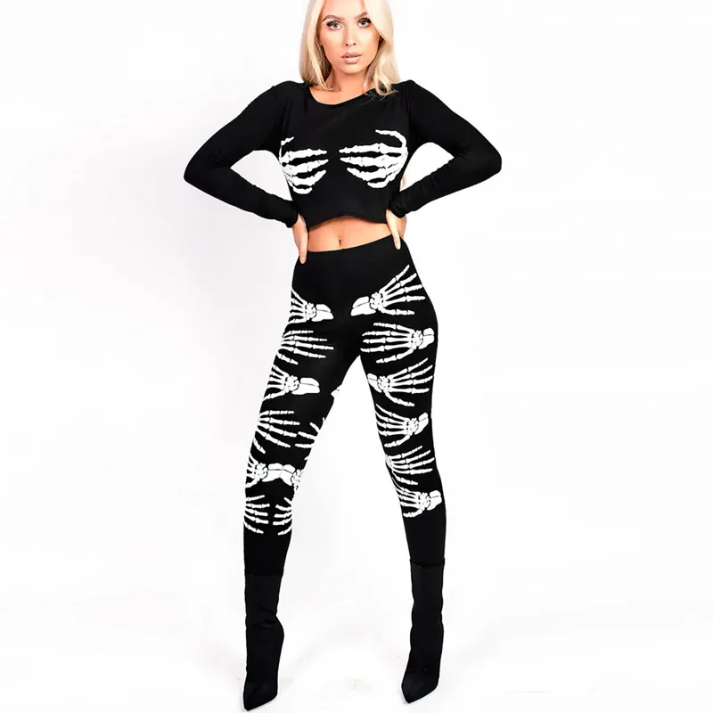 Autumn Black Sexy Skeleton Print Two Piece Set for Adult Women Carnival Halloween Party Scary Cosplay Skeleton Ghost Costume