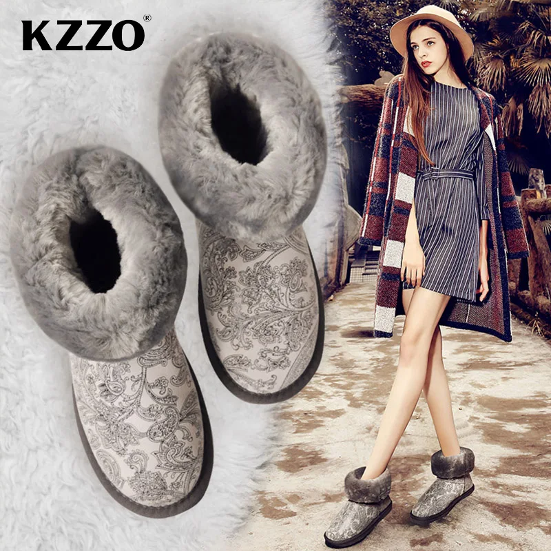 KZZO High Quality Australia Classic Genuine Leather Women Snow Boots Natural Wool Fur Lined Short Winter Warm Shoes Non-slip