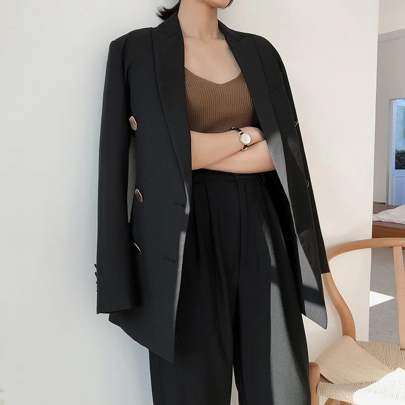 Vintage Black Suit Jacket Womens New Pockets Notched Double Breasted Korean Style High Quality Casual Fashion Straight Suit