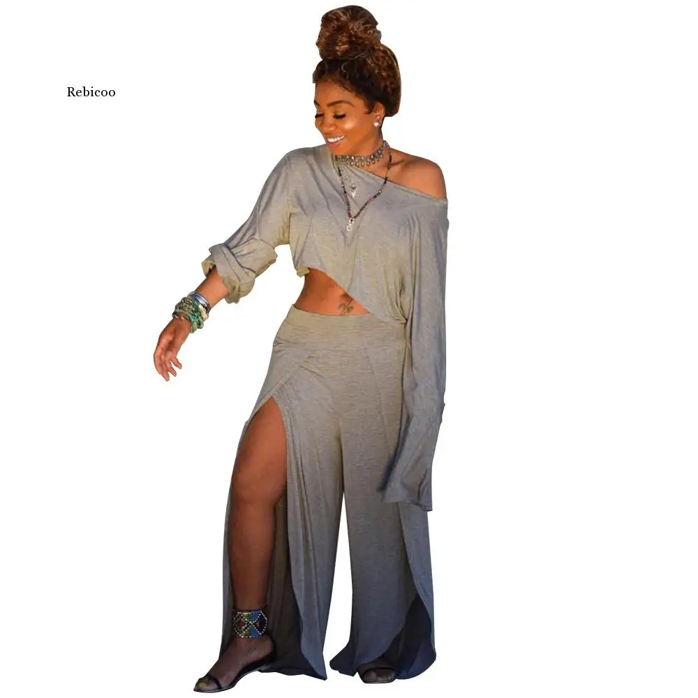 

Women Casual 2 Piece Matching Set Clothes One Shoulder Long Sleeve Crop Top+High Split Wide Leg Pant Tracksuit Two Piece Outfit