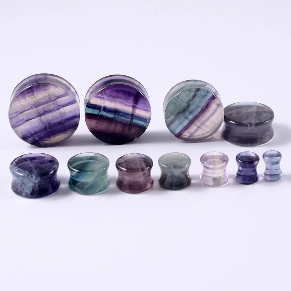 1Pair Aurora Fluorite Stone Ear Plugs Ear Gauges Ear Expander Ear Tunnels Ear Weight Earring Double Flared Body Piercing Jewelry