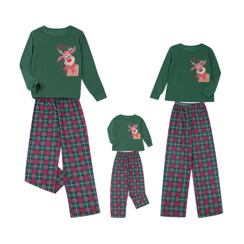 Parent-Children Christmas Pajama, Reindeer Print Long-Sleeves Tops with Plaid Pants Loungewear for Father, Mother, Kids